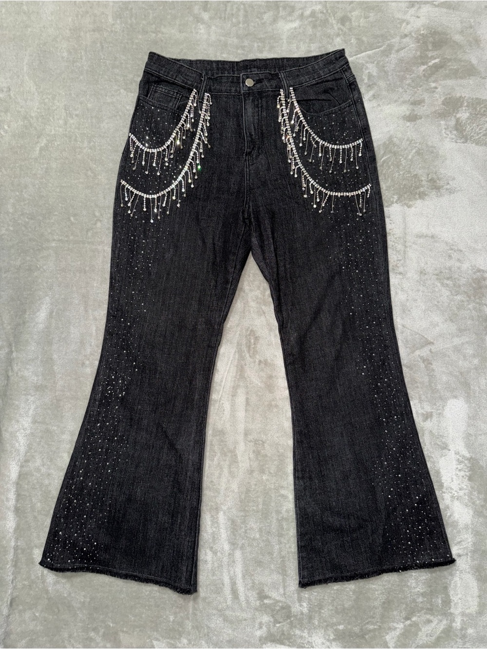 Blue B Ultra Rise Rhinestone Fringe Flare Black Wash Jeans Size XL
